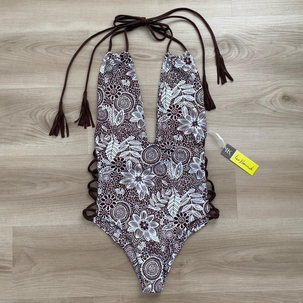 NEW LK High Tide One-Piece Swimsuit Brown & White Floral Small - Picture 6 of 11
